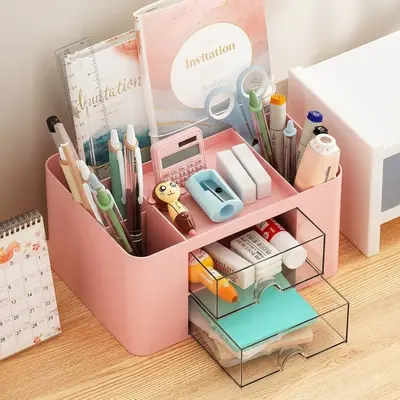 Amazon Brand - Umi Multi-functional Desk Organiser with 5 Compartments & 2 Drawer Desktop Office Supplies Stationery Storage Box Cosmetic Organizer for Pens Staplers Clips Sticky Notes - Pink