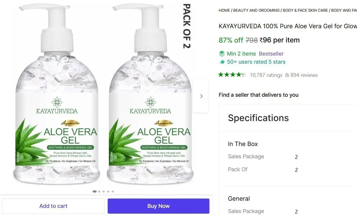 Shopsy | Aloe vera Gel, 600 ml @ ₹96