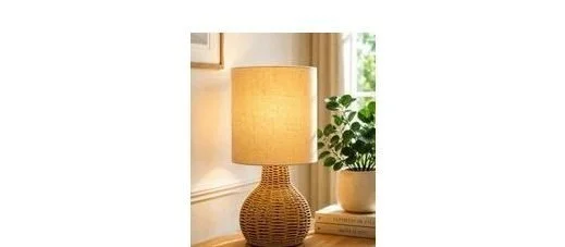 Homesake® Raffia Rattan Table Lamp, Small Nightstand Lamp with Linen Fabric Lampshade, Bedside Lamp for Bedroom, Living Room, Study & Livra Home Décor | Warm Ambient Lighting (Spinning, Jute)