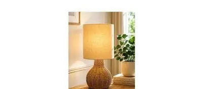 Homesake® Raffia Rattan Table Lamp, Small Nightstand Lamp with Linen Fabric Lampshade, Bedside Lamp for Bedroom, Living Room, Study &amp; Livra Home Décor | Warm Ambient Lighting (Spinning, Jute)
