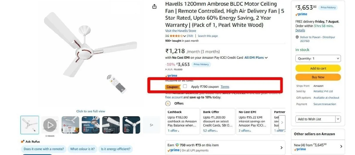 Havells 1200mm Ambrose BLDC Motor Ceiling Fan @ ₹2863.
