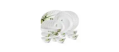 Larah by Borosil Fluted Series Green Herbs Opalware Dinner Set | 27 Piece for Family of 6 | Microwave &amp; Dishwasher Safe | Bone-Ash Free | Crockery Set for Dining &amp; Gifting | Plates &amp; Bowls | White