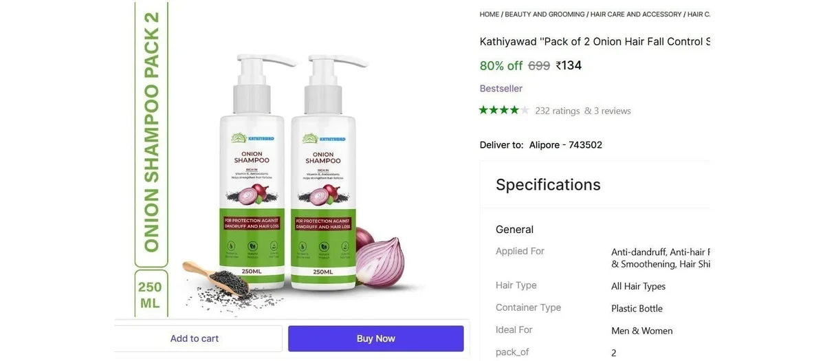 Pack of 2 Onion Hair Fall Control Shampoo (500 ml) @ ₹134