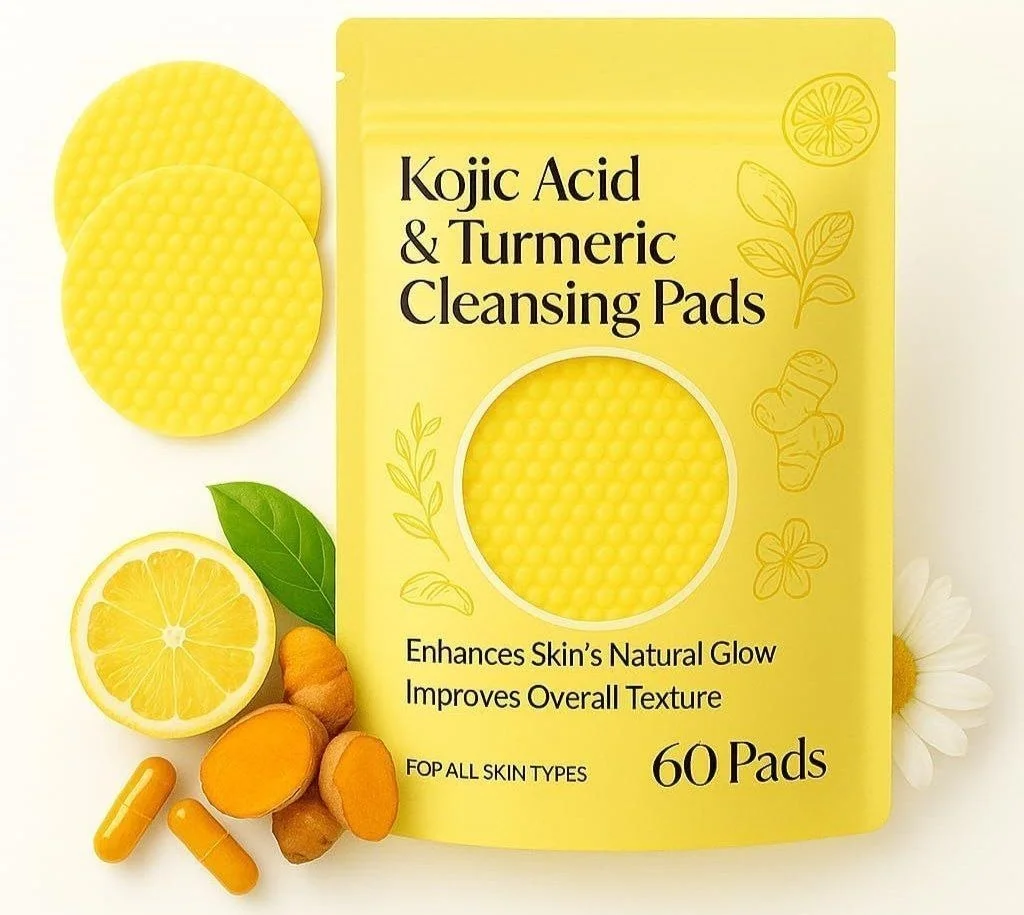 Turmeric & Kojic Acid Face Cleansing Pads for Face, Brightening and Exfoliating Skincare Wipes, Dark Spots and Pigmentation Treatment, Skin Brightening, Acne & Makeup Removal | Vitamin C, Vitamin B5, Chamomile | Women & Men | All Skin Type (Pack Of 60pads)