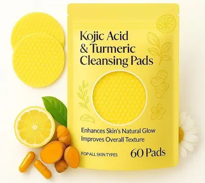 Turmeric & Kojic Acid Face Cleansing Pads for Face, Brightening and Exfoliating Skincare Wipes, Dark Spots and Pigmentation Treatment, Skin Brightening, Acne & Makeup Removal | Vitamin C, Vitamin B5, Chamomile | Women & Men | All Skin Type (Pack Of 60pads)