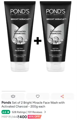 Myntra | Flat 65% Off on Ponds Set of 2 Bright Miracle Face Wash with Activated Charcoal - 200g each: