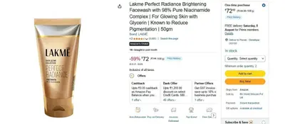 Lakme Perfect Radiance Facewash 50gm @ ₹72
