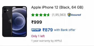 Apple iPhone 12 (Black, 64GB) is now available on Flipkart for just ₹999