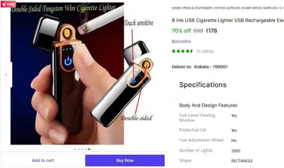 Cigarette Lighter USB Rechargeable @ ₹178