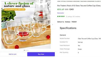 (Pack of 6) Glass Tea and Coffee Cup @ ₹243