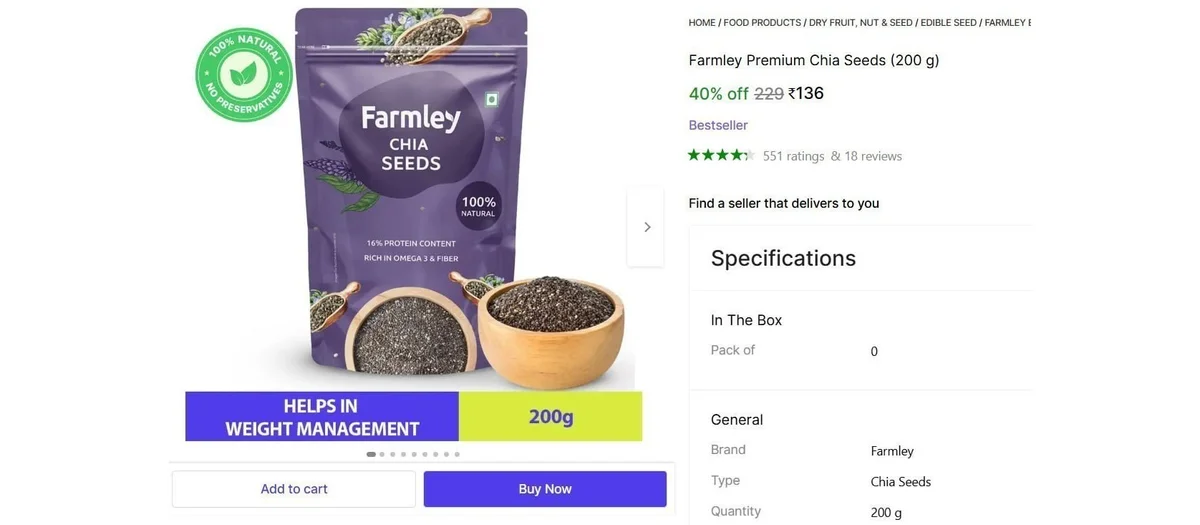 Farmley Premium Chia Seeds (200 g) @ ₹136