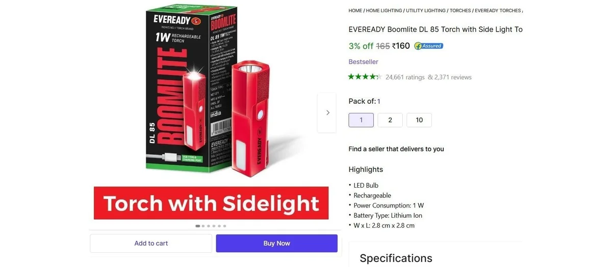 EVEREADY Torch with Side Light @ ₹160