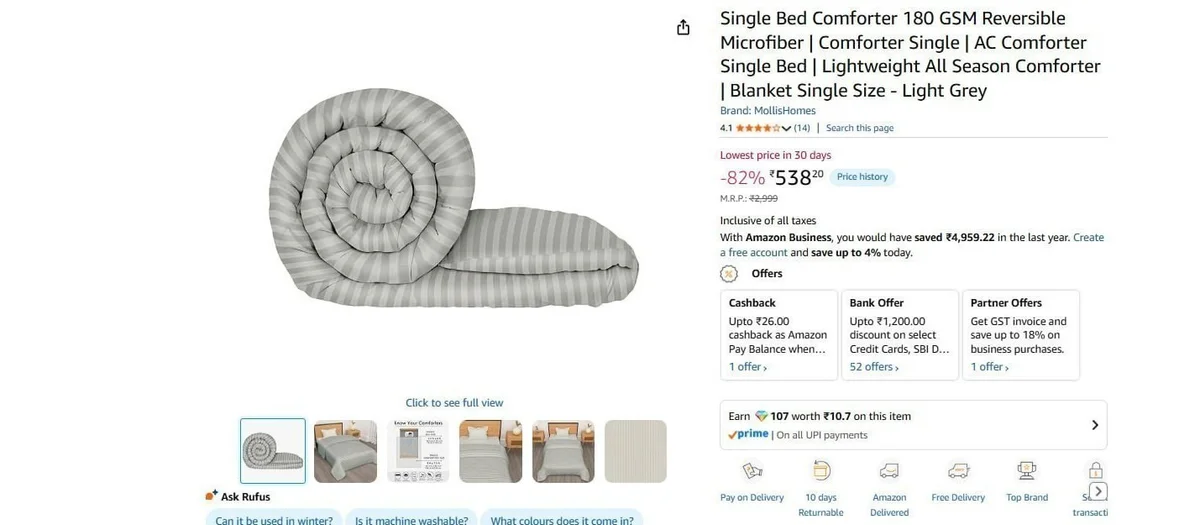 AC Single Bed Comforter @ ₹538