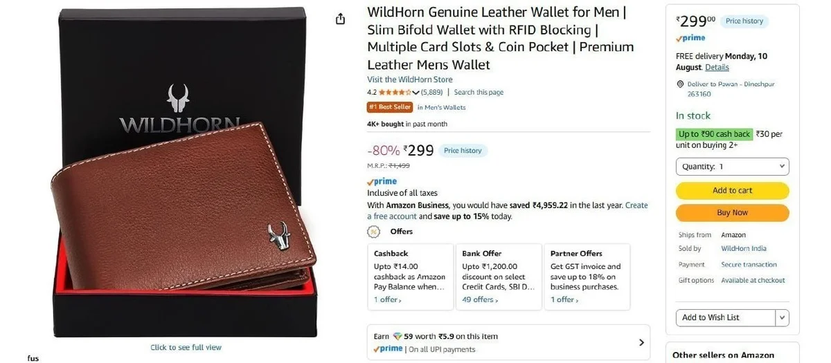 WildHorn Genuine Leather Wallet for Men @ ₹299