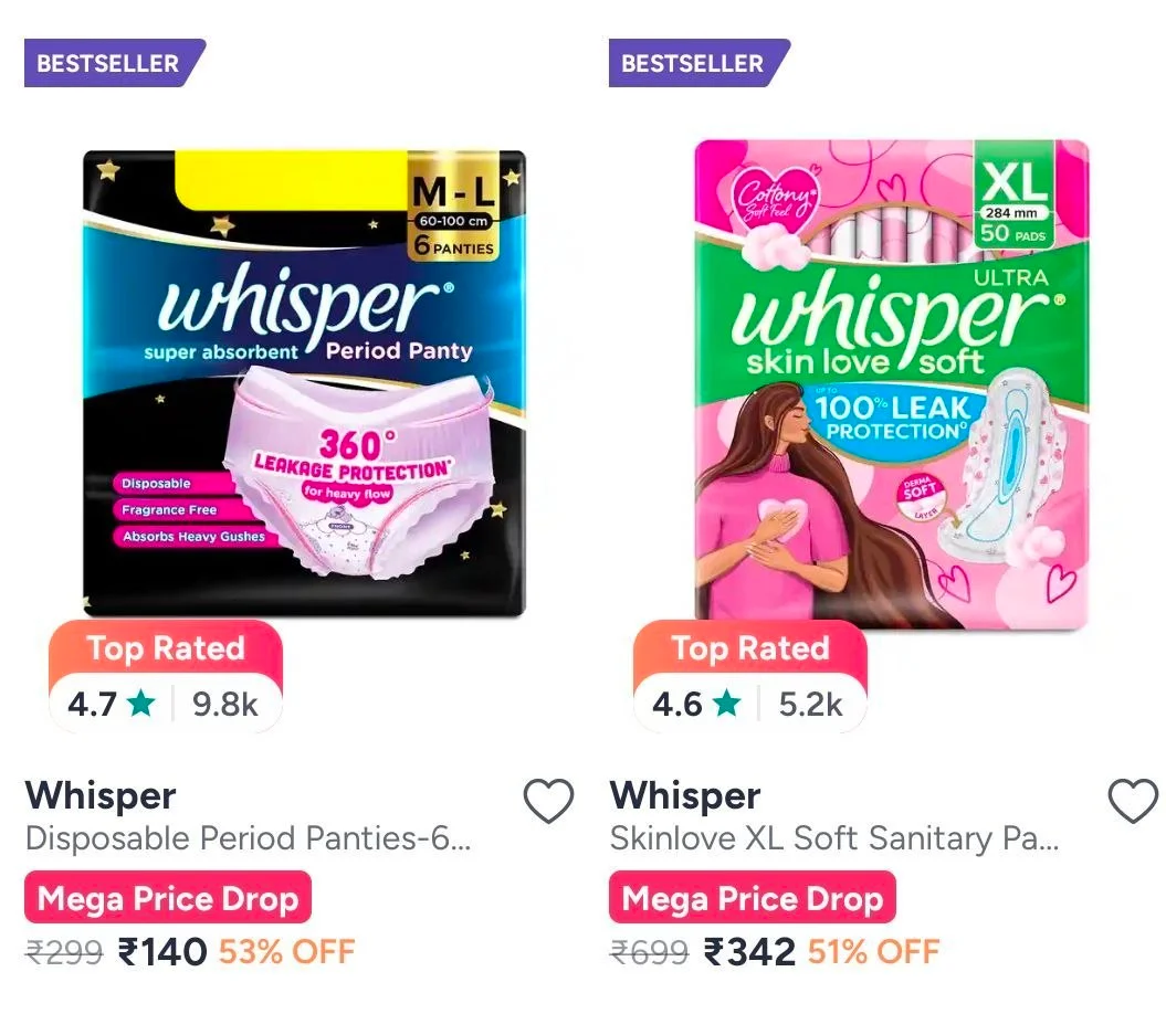 Myntra | Whisper Min 50% off Whisper Min 50% off -