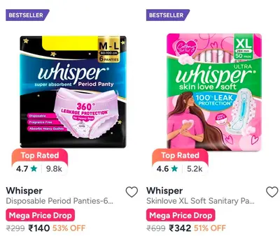 Myntra | Whisper Min 50% off Whisper Min 50% off -