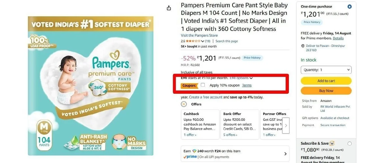 Pampers Baby Diapers (M, 104 Count) @ ₹1081.