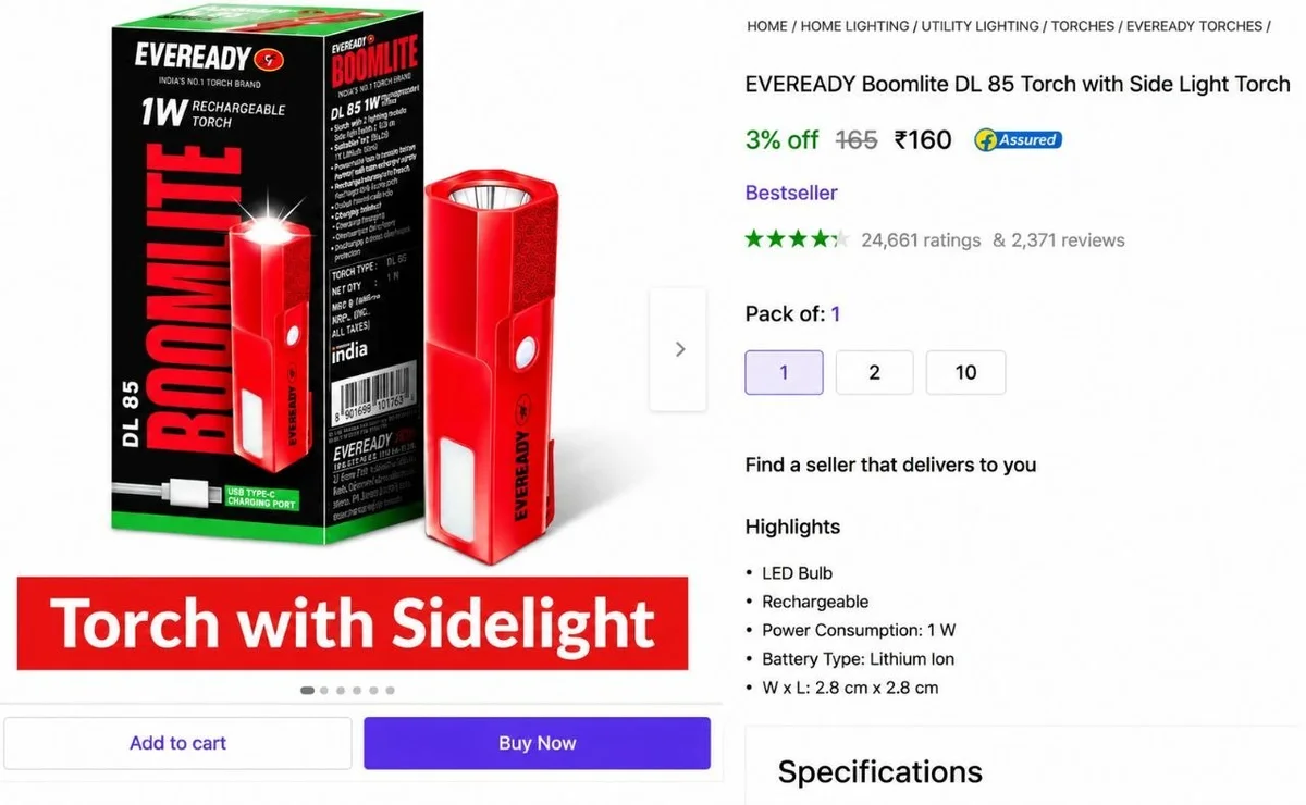 EVEREADY Torch with Side Light @ ₹160